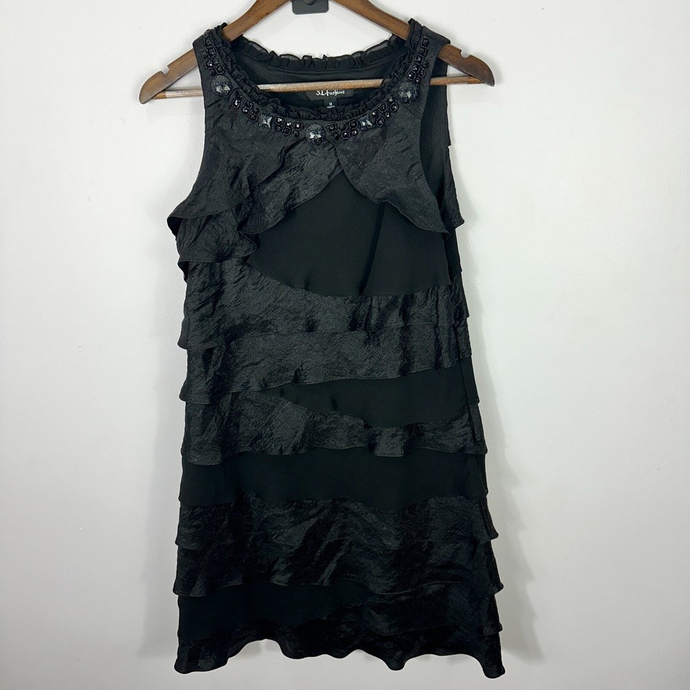 S.L. Fashions Dress 14 Black Tiered Sleeveless Beaded Glam Goth Cocktail Party